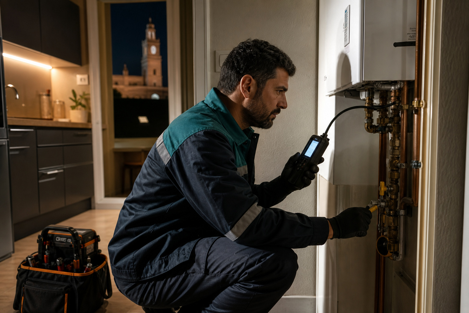 Técnico de gas urgente revisando una instalación